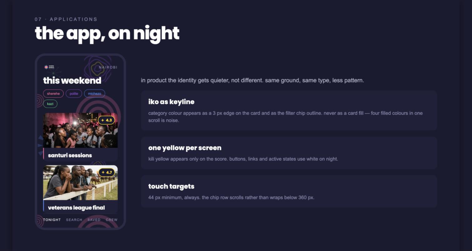 Applied visual identity board, the app on night: a phone showing this weekend in nairobi, with event cards for santuri sessions scored 4.3 and veterans league final scored 4.7, and notes on iko keylines, one yellow per screen and touch targets.