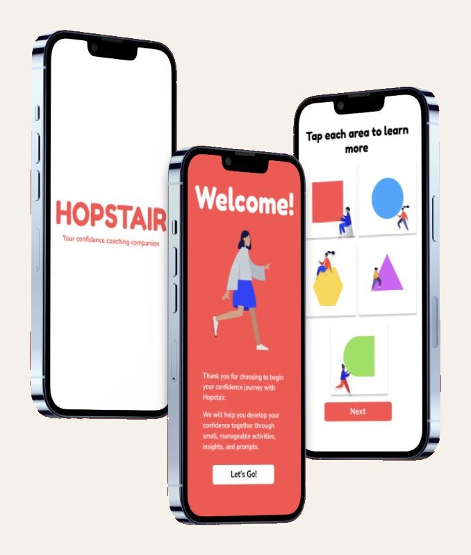 Three phones showing the Hopstair app: the Hopstair splash screen, the welcome screen and the tap each area to learn more screen