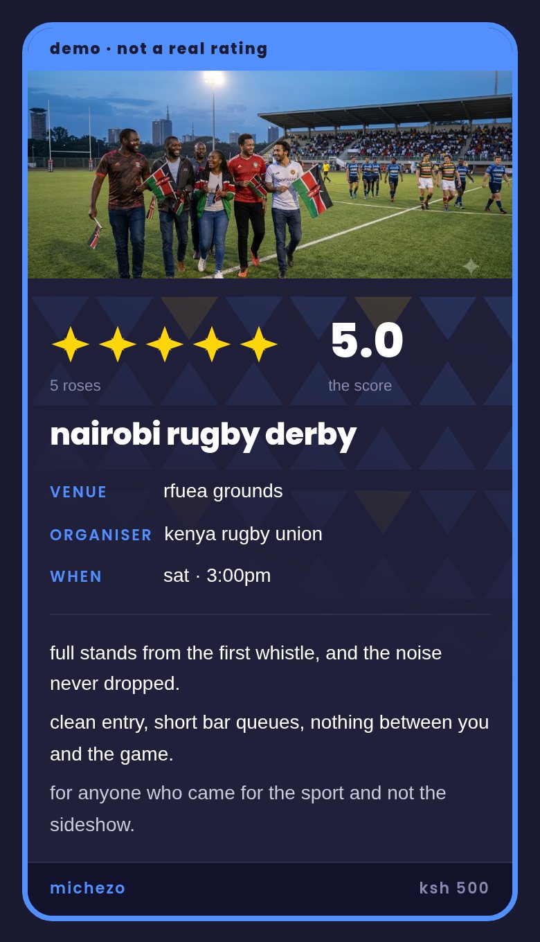 A demo event card on a phone, marked demo, not a real rating: nairobi rugby derby with five roses and a score of 5.0.